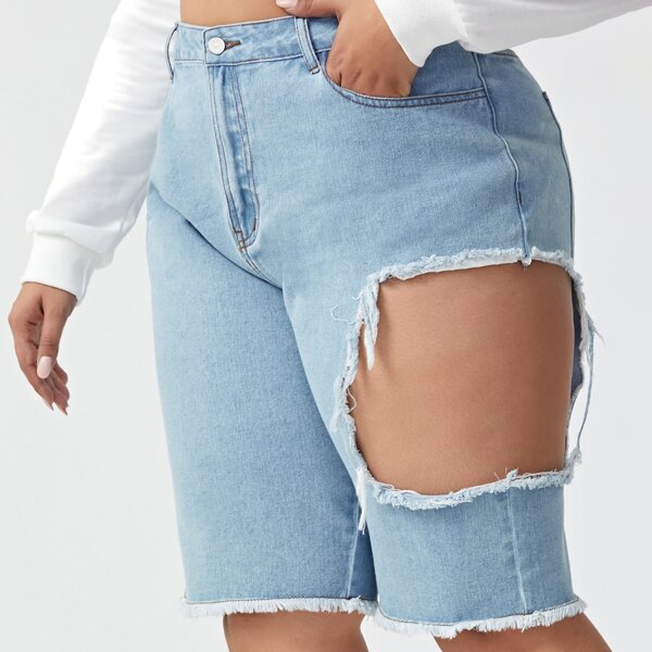 

Plus Raw Hem Ripped Denim Shorts, Light wash