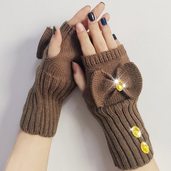 

Rhinestone Bow Knot Decor Knit Gloves, Brown