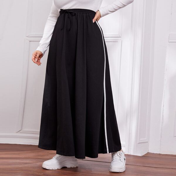 

Plus Tie Waist Contrast Tape Skirt, Black