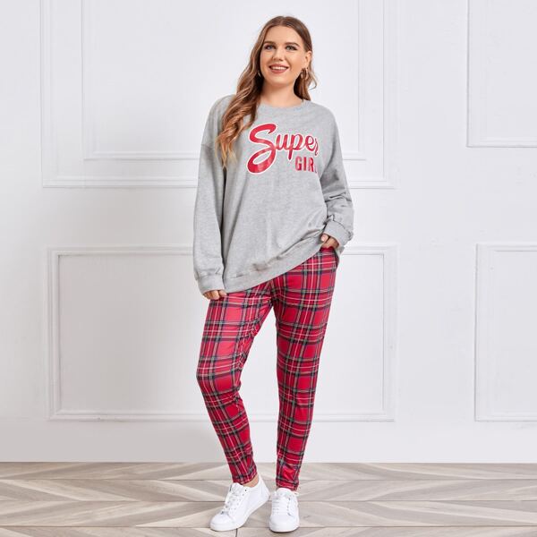 

Plus Drop Shoulder Letter Graphic Pullover & Tartan Leggings Set, Multicolor