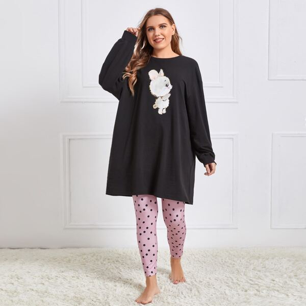

Plus Drop Shoulder Cartoon Graphic Pullover & Polka Dot Leggings PJ Set, Multicolor