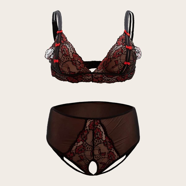 

Plus Floral Lace Mesh Crotchless Lingerie Set, Multicolor