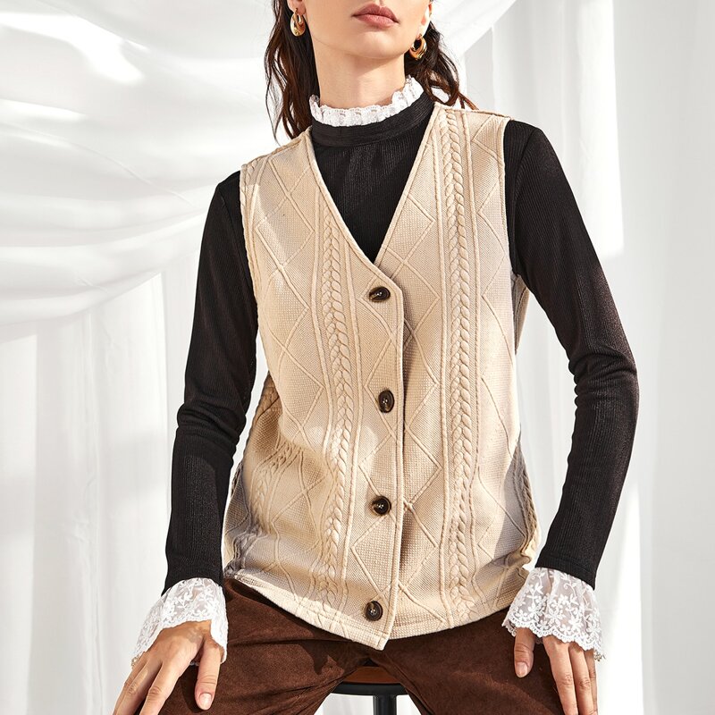 

Button Front Mixed Knit Vest Without Tee, Apricot