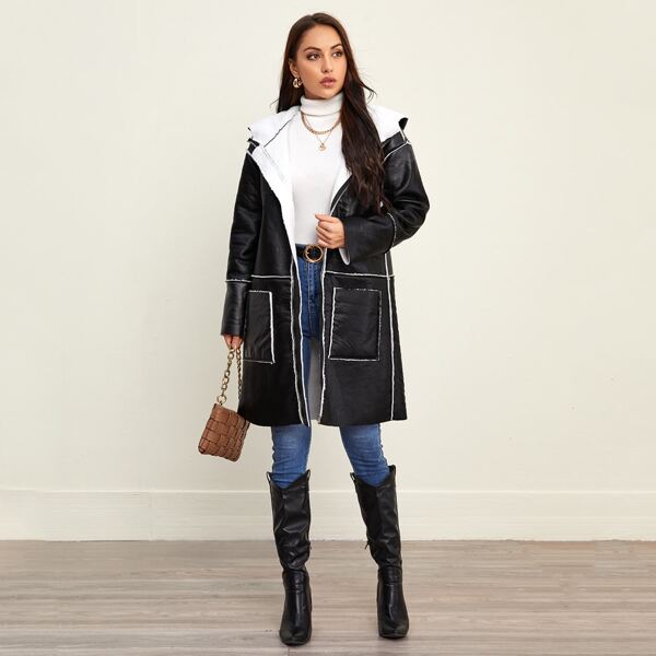 

Zip Up Teddy Lined Hooded PU Coat, Black