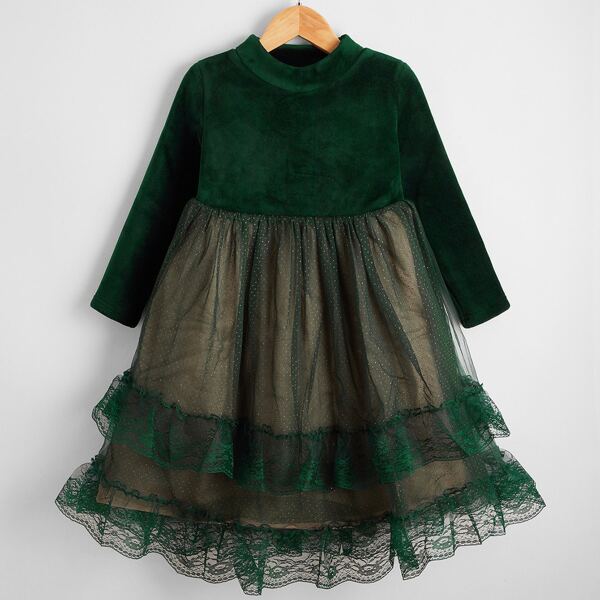 

Girls Contrast Dobby Mesh Hem Smock Dress, Dark green