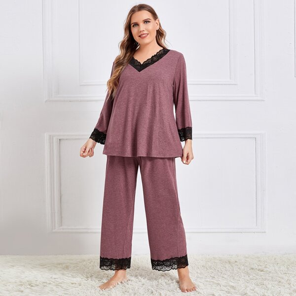 

Plus Contrast Lace Trim Marled Knit Top & Pants PJ Set, Mauve purple