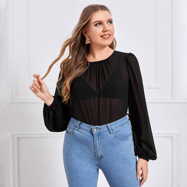 

Plus Lantern Sleeve Semi Sheer Chiffon Blouse, Black