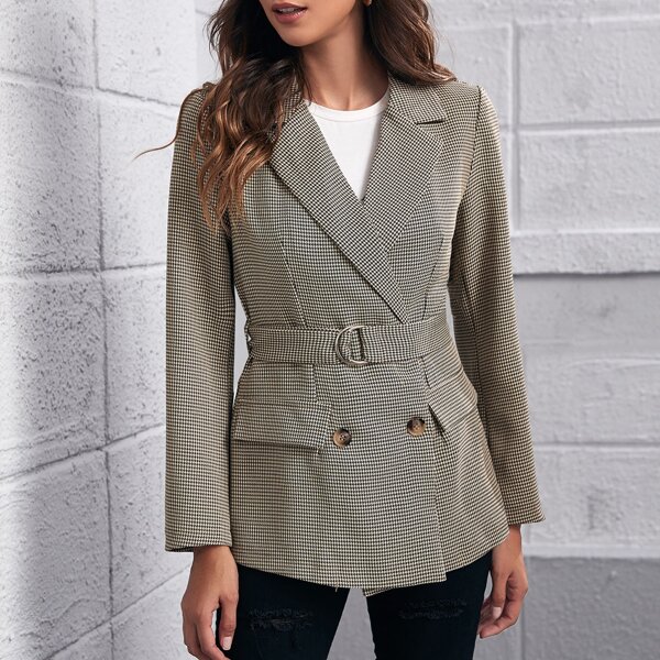 

Double Button Belted Houndstooth Blazer, Grey
