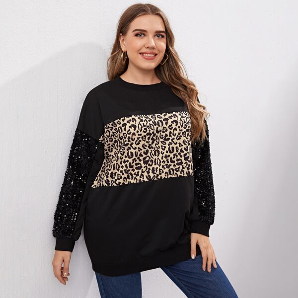 

Plus Contrast Sequin Leopard Print Sweatshirt, Black