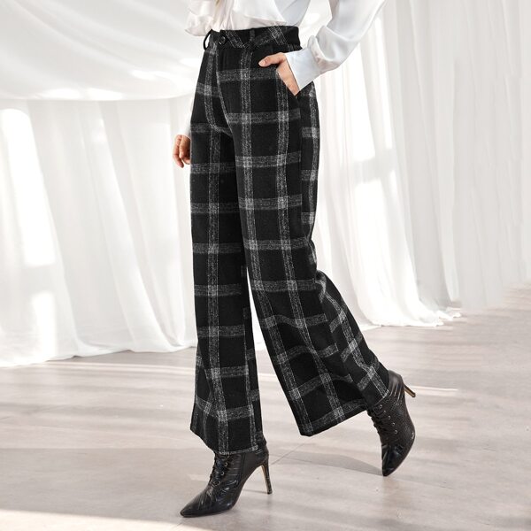

Slant Pocket Plaid Wide Leg Pants, Black