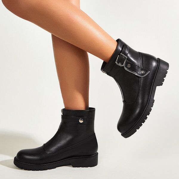 

Buckle Decor Zipper Front Combat Boots, Black