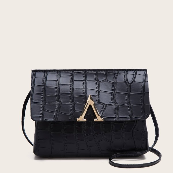 

Metal Lock Croc Embossed Crossbody Bag, Black
