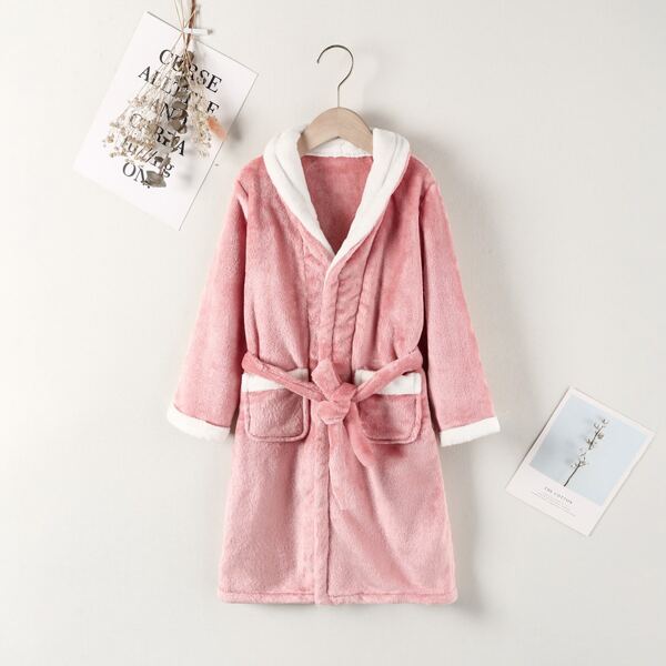 

Girls Flannel Dual Pocket Belted Robe, Dusty pink