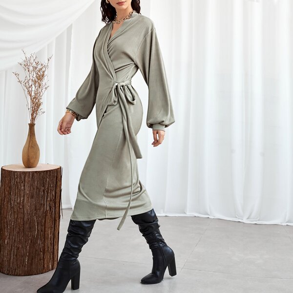 

Lantern Sleeve Wrap Tie Side Dress, Khaki