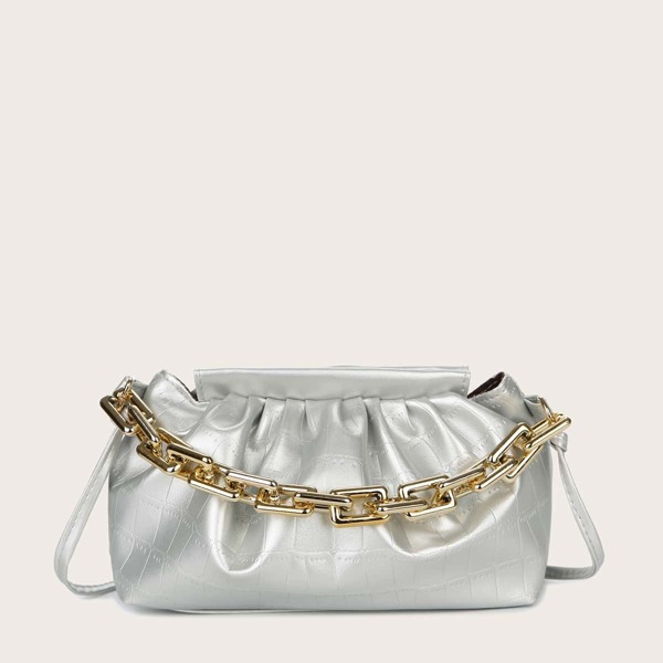 

Crco Embossed Chain Ruched Bag, Silver