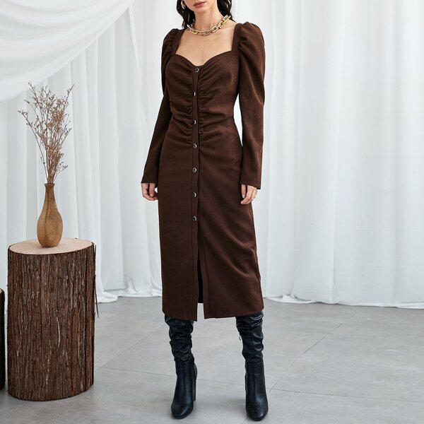 

Button Front Gigot Sleeve Dress, Chocolate brown