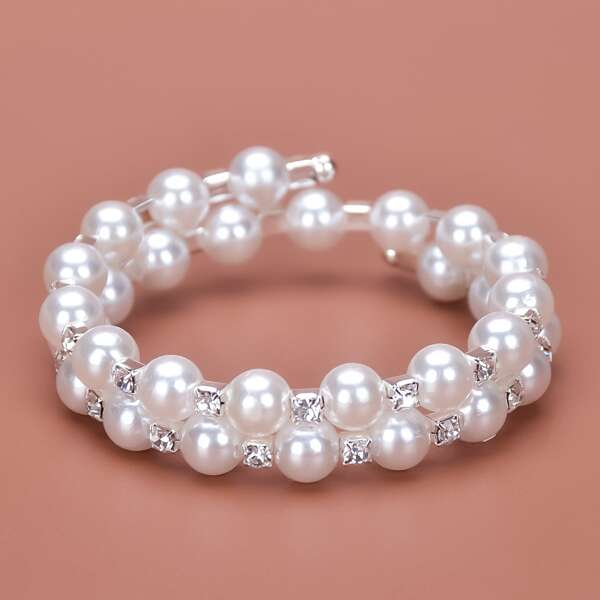 

Rhinestone Decor Faux Pearl Beaded Bracelet, White