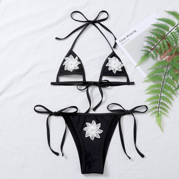 

Cut-out Appliques Micro Triangle Bikini Swimsuit, Black