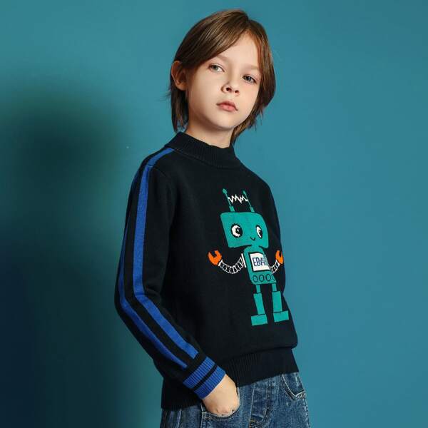 

Boys Cartoon Robot Pattern Side Stripe Sweater, Black