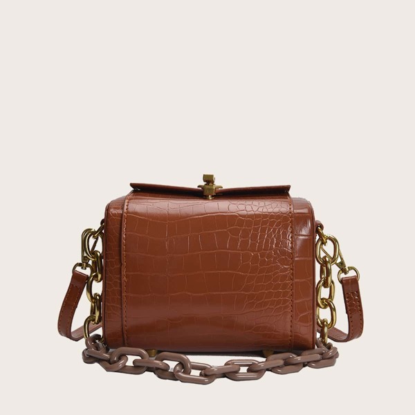

Metal Lock Crocodile Chain Shoulder Bag, Brown