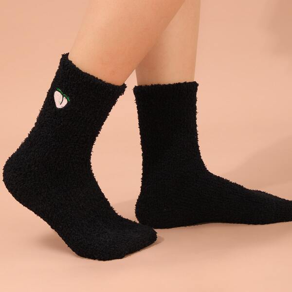 

Fruit Embroidery Fuzzy Socks, Black