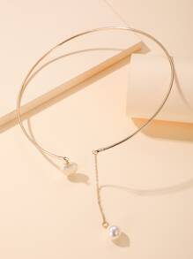 人造珍珠吊墜頸鍊 - 金黃色 - 查看 2