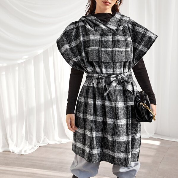 

Split High-low Hem Plaid Belted Hooded Coat, Black and white