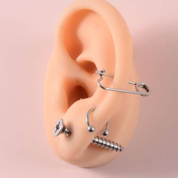 

3pcs Safety Pin Decor Earrings, Silver