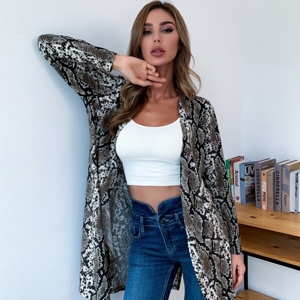 

Open Front Slit Hem Snakeskin Coat, Multicolor