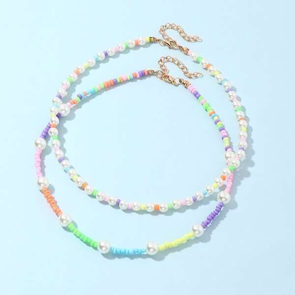 

2pcs Toddler Girls Beaded Necklace, Multicolor