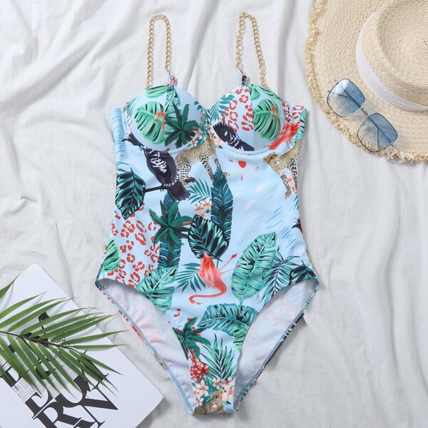 

Tropical & Animal Print Underwire One Piece Swimsuit, Multicolor