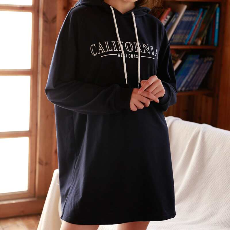 

Letter Drawstring Hooded Sweatshirt Dress, Navy blue
