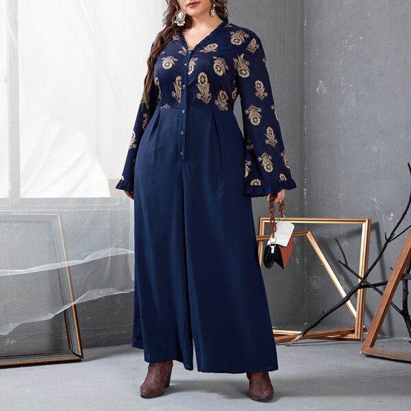 

Plus Floral Frill Button Wide Leg Jumpsuit, Navy blue