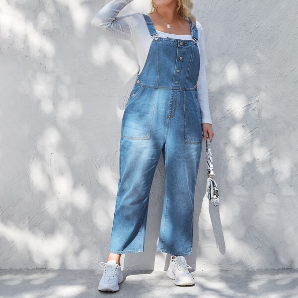 

Plus Button Front Slant Pocket Denim Overalls, Medium wash