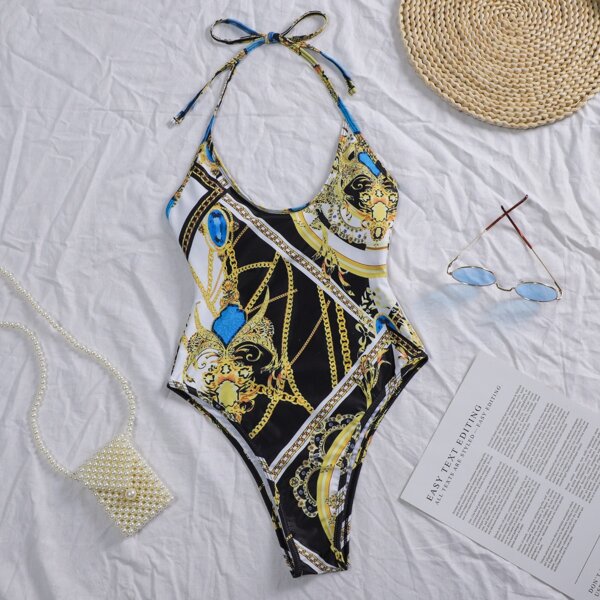 

Chain & Baroque Print Halter One Piece Swimsuit, Multicolor