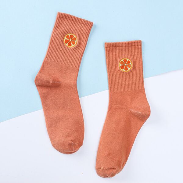 

Fruit Embroidery Socks, Coral orange