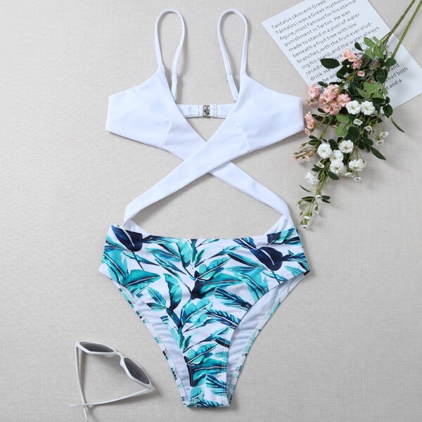 

Tropical Cross Cut-out One Piece Swimsuit, Multicolor