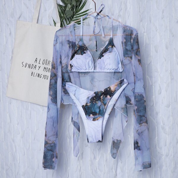 

3pack Water Color Triangle Bikini Swimsuit & Top, Multicolor
