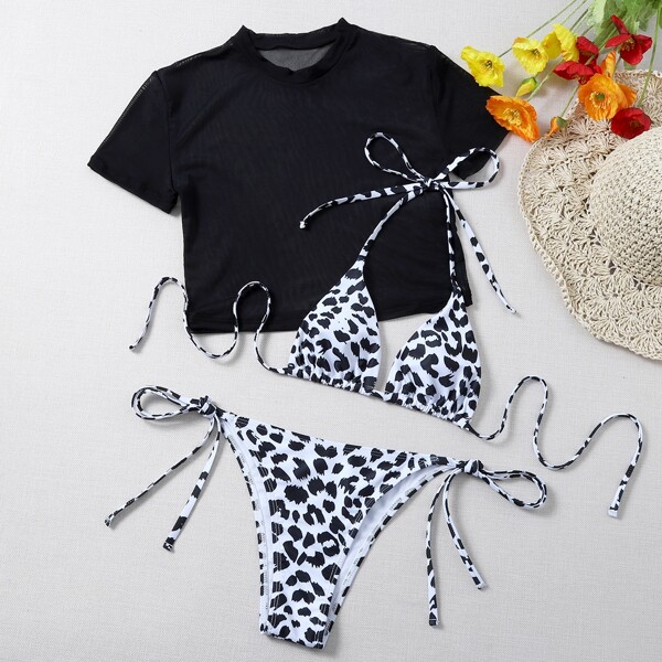 

3pack Allover Graphic Triangle Tie Side Bikini Swimsuit, Black and white
