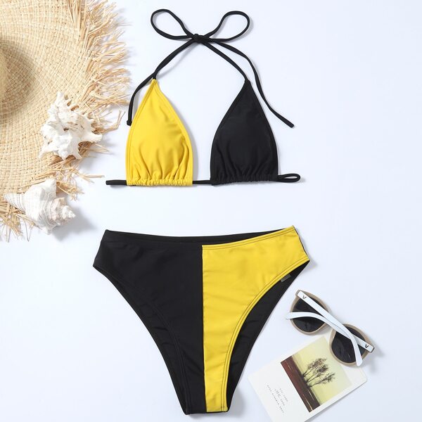 

Two Tone Triangle Bikini Swimsuit, Multicolor