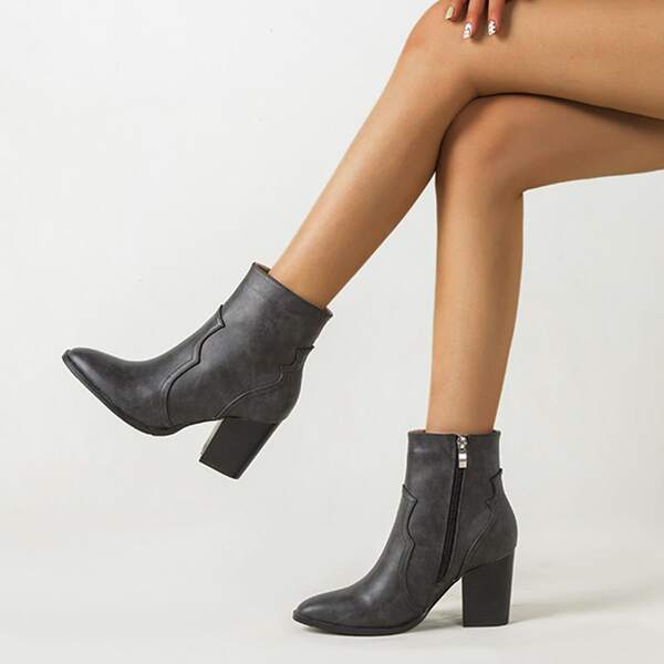 

Minimalist Side Zipper Chunky Heeled Boots, Dark grey