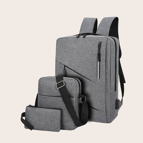 

3pcs Men Large Capacity Zip Front Backpack Set, Grey