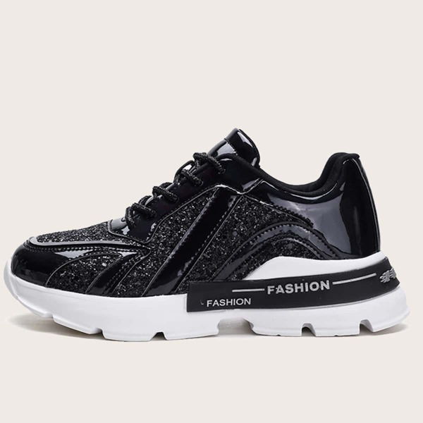 

Glitter Decor Lace-up Front Chunky Sneakers, Black