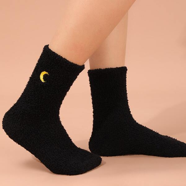

Moon Embroidery Coral Fleece Socks, Black