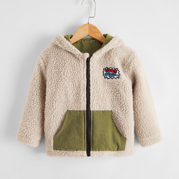 

Toddler Boys Letter Patched Teddy Hooded Coat, Apricot