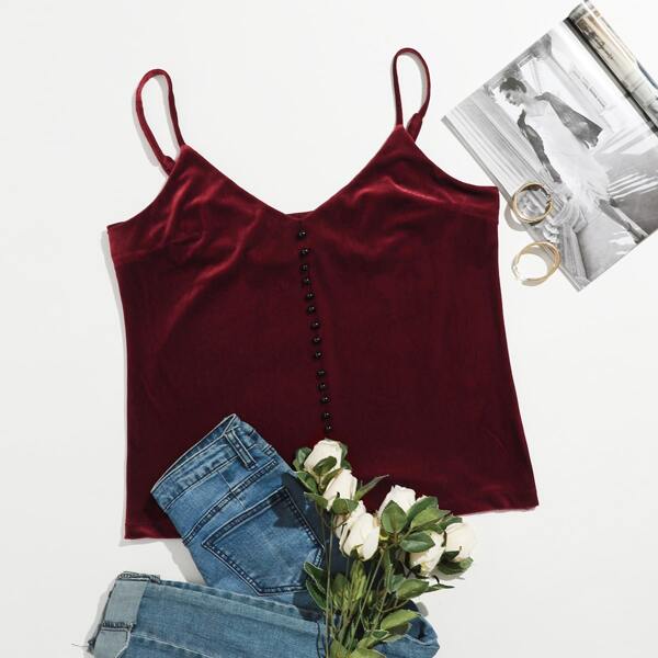 

Plus Velvet Beaded Front Cami Top, Burgundy