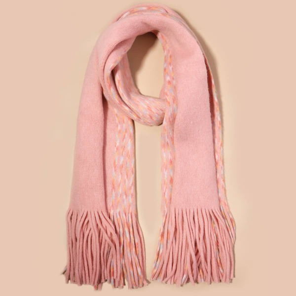 

Striped Pattern Fringe Hem Scarf, Pink