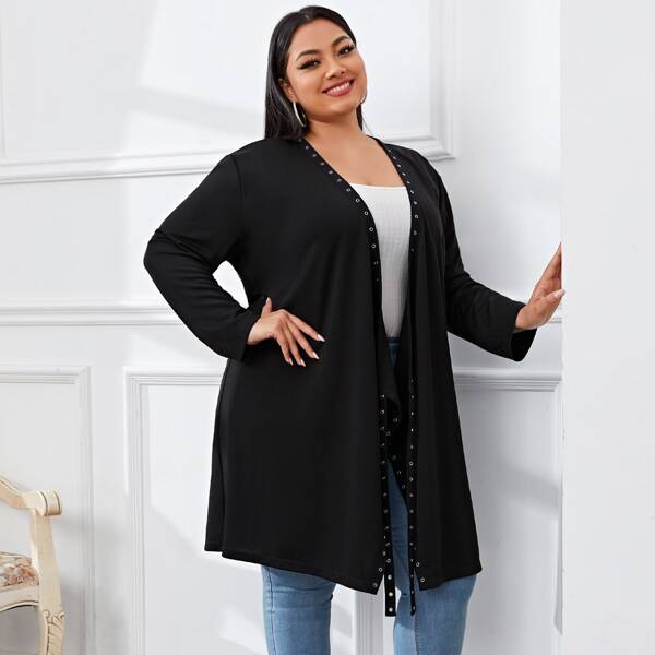 

Plus Garment Eyelet Open Front Coat, Black
