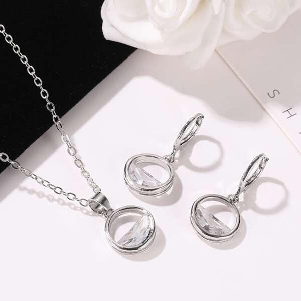 3pcs Round Decor Jewelry Set, Silver