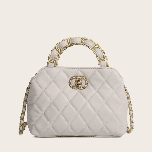 

Metal Decor Quilted Satchel Bag, Beige